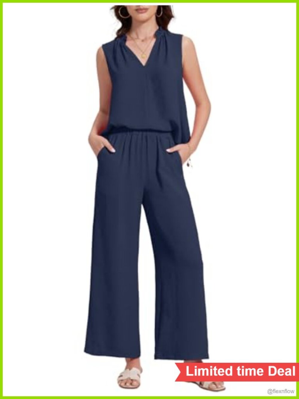 Women's 2 Piece Summer Outfit Sleeveless Ruffled V Neck Top High Waisted Pants
